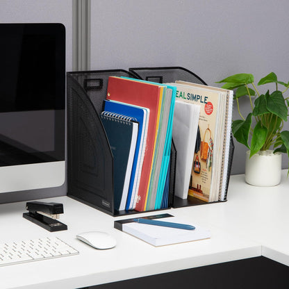 Mind Reader Vertical File Organizers, Desktop File Holders for Folders, Magazines, and Paperwork, Workspace Organizer, Metal Mesh, Set of 2, Black