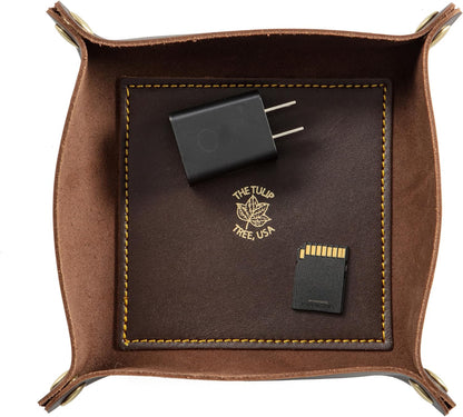 USA Handmade Premium Leather Valet Tray, Folds Flat! Dice Rolling Basket and Organizer with Brass Snaps - Reinforced Base - for Keys, Jewelry, Coin, EDC, Watch Storage Caddy - Black XLarge