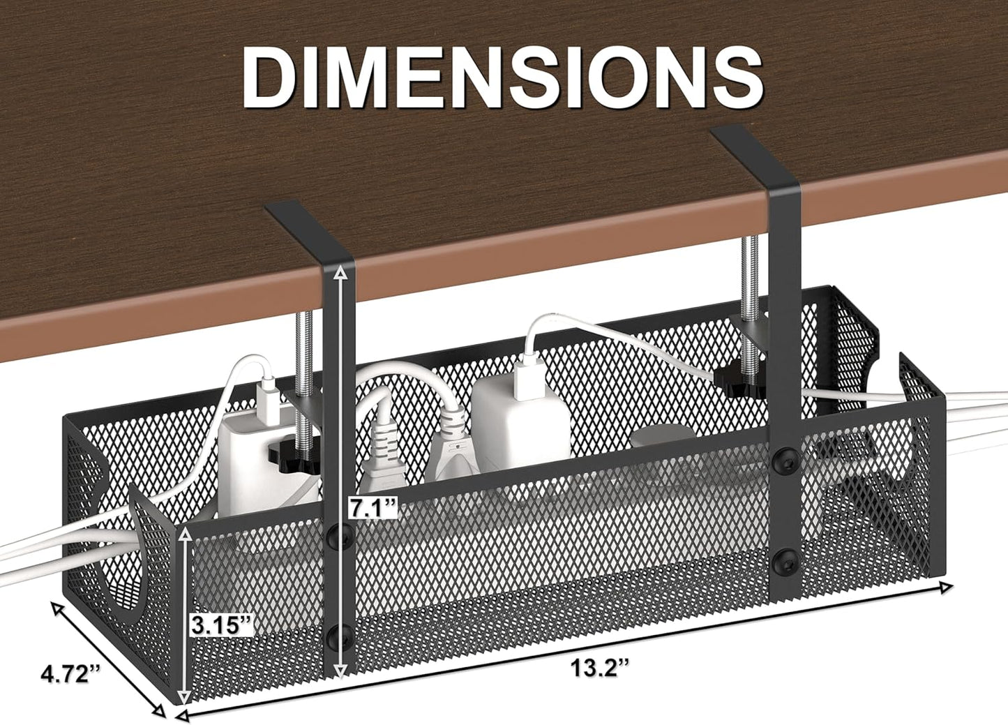 Under Desk Cable Management Tray - Fits up to 1.77" Thick Desks, No-Drill Clamp-on Wire Organizer, Reversible Inward/Outward Install, Heavy Duty Metal Power Strip Holder for Home Office & Gaming Desk