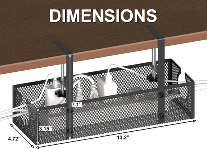 Under Desk Cable Management Tray - Fits up to 1.77" Thick Desks, No-Drill Clamp-on Wire Organizer, Reversible Inward/Outward Install, Heavy Duty Metal Power Strip Holder for Home Office & Gaming Desk