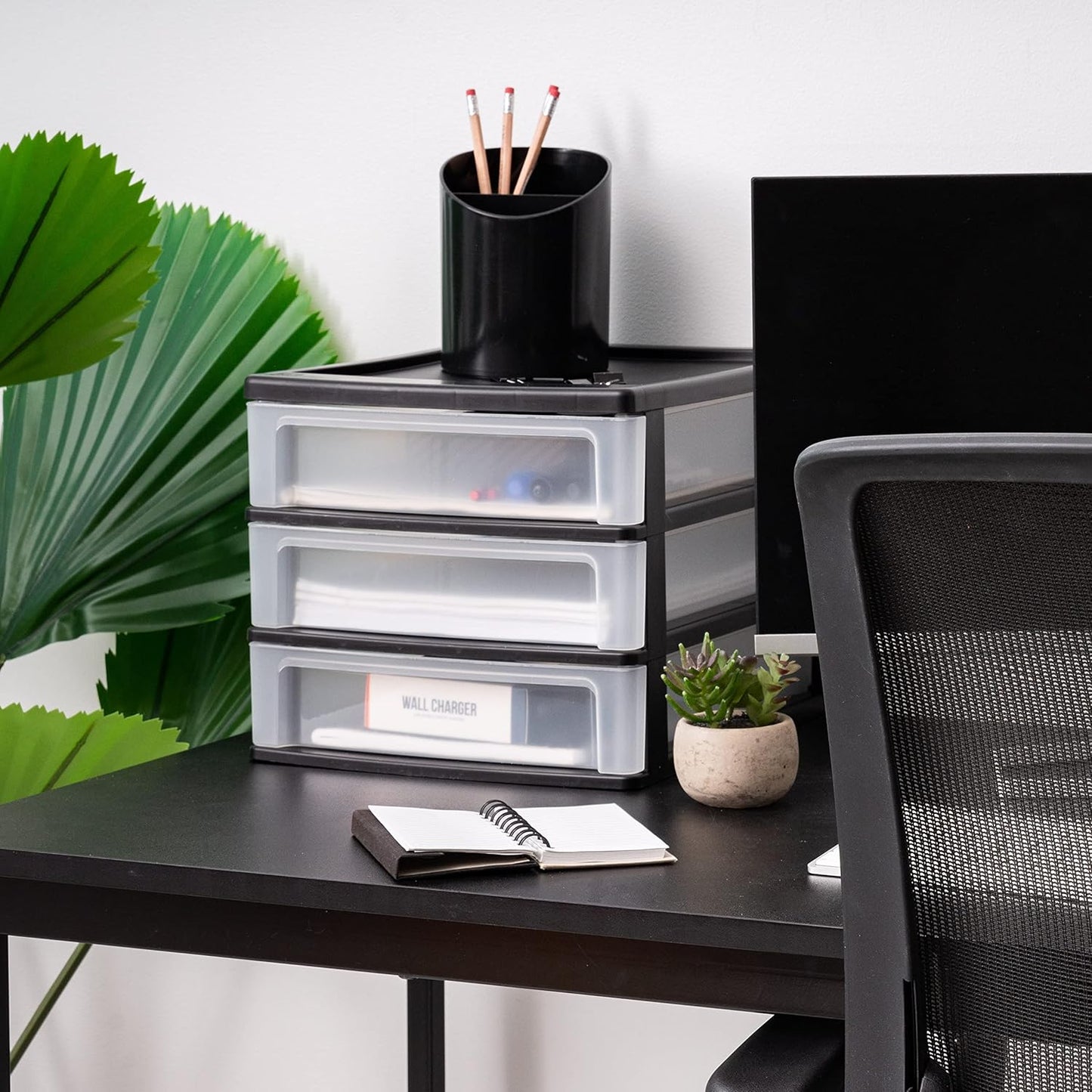 IRIS USA Plastic Stacking Desk Top 3-Drawer Storage Organizer, 2-Pack, for Makeup Vanity Nail Polish Bathroom Stationery Art Craft Supplies Kitchen Office Garage and Small Organization, Small, Black
