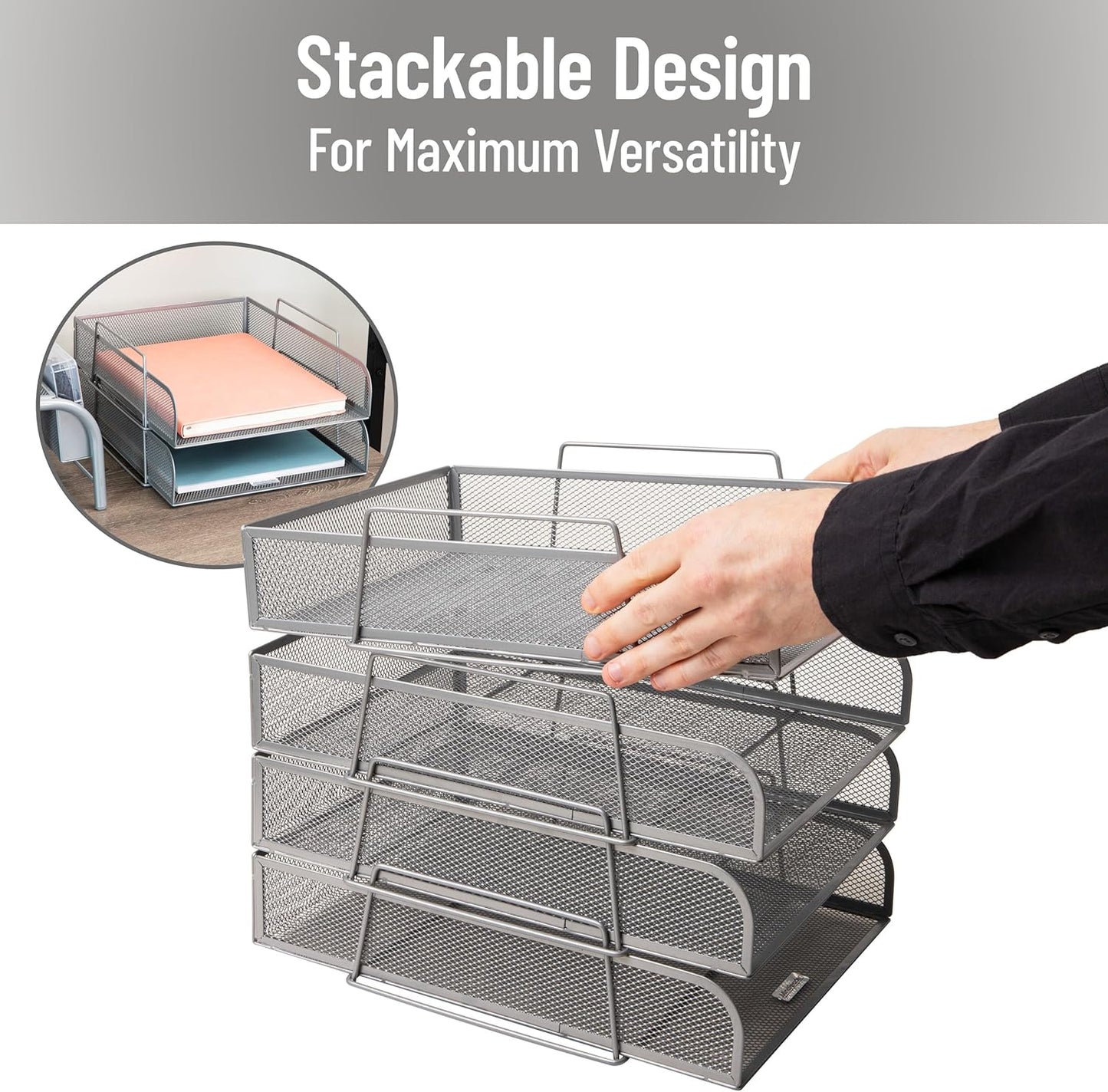 Mind Reader Stackable Paper Tray, Desktop Organizer, File Storage, Office, Metal Mesh, 10.5" L x 13.5" W x 11.25" H, 4 Pcs., Pink