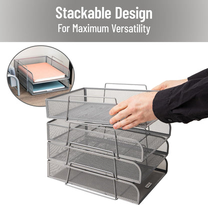 Mind Reader Stackable Paper Tray, Desktop Organizer, File Storage, Office, Metal Mesh, 10.5" L x 13.5" W x 11.25" H, 4 Pcs., Pink