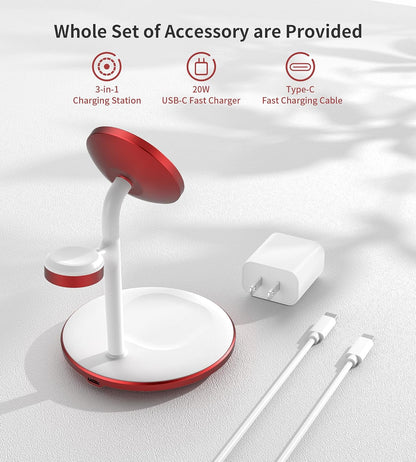XooFly 3 in 1 Wireless Charging Station for Apple Devices, Fast Wireless Mag-Safe Charger Stand with 20W Adapter for iPhone 17 16 15 14 13 12 Pro Max/Air/Plus/Pro,iWatch,AirPods-Gift for Wife&Husband
