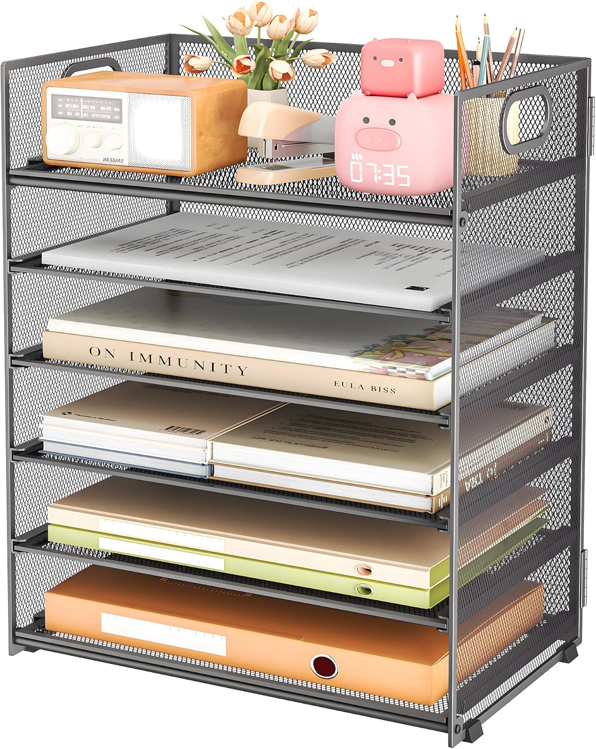 Subekyu 6 Tier Office File Paper Desk Tray Organizer with Handle, Stackable Slide Mesh Letter Tray Folder Blue Desk Organizer, Desktop Document Sorter for Classroom, Office, Home Supplies Storage
