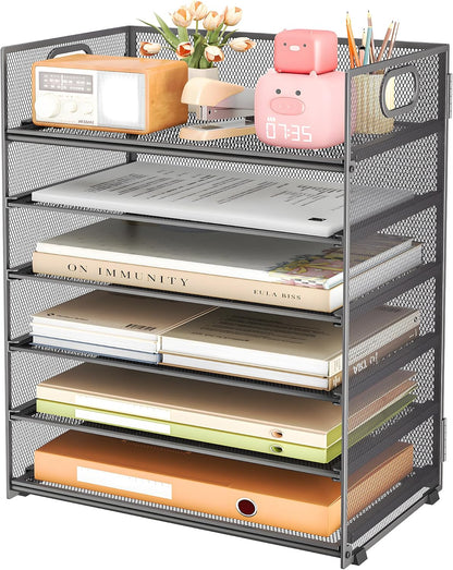 Subekyu 6 Tier Office File Paper Desk Tray Organizer with Handle, Stackable Slide Mesh Letter Tray Folder Blue Desk Organizer, Desktop Document Sorter for Classroom, Office, Home Supplies Storage