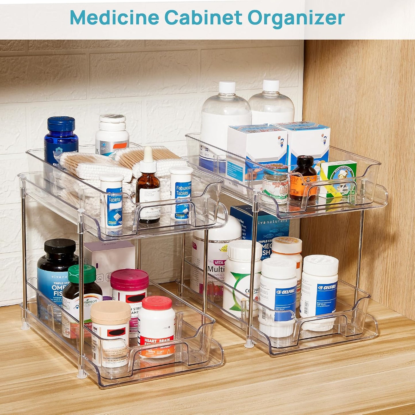 Vtopmart 4 Pack Bathroom Organizer, 2 Tier Clear Under Sink Organizers Vanity Countertop Storage Container,Cabinet Drawers Bins, Pull-Out Organization with Track for Pantry, Kitchen