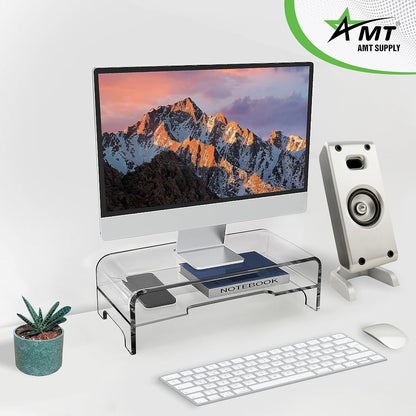 AMT Acrylic Laptop Monitor Stand & Computer Riser with Cat Keyboard Protector, Space-Saving Design, Extra Storage, Clear Shelf - Ideal for Monitors, Laptops, Printers, Desktop Decor