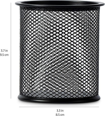 Amazon Basics Wire Mesh Pen Holder, Pencil Cup Desk Organizer for Stationery, Scissors, Office Caddy Storage, 3.7" x 3.3", Black