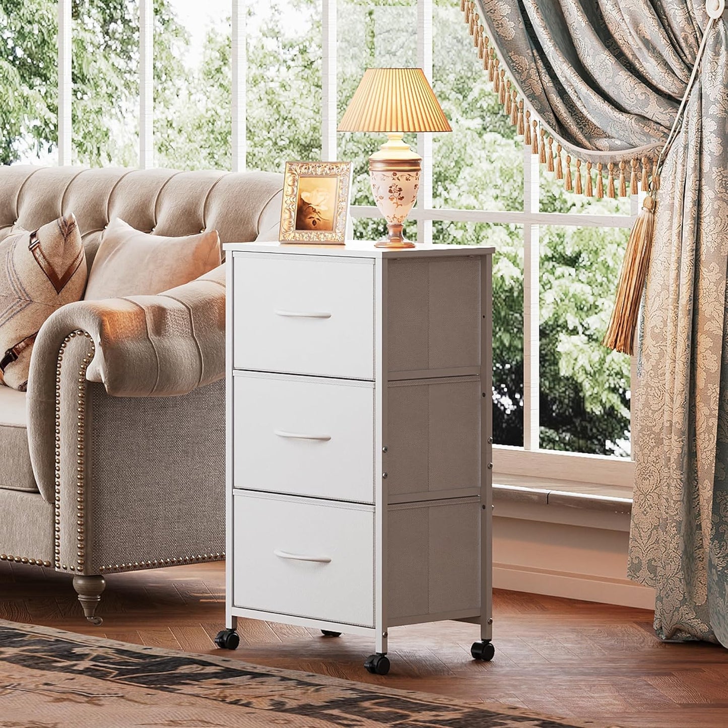 WLIVE Dresser with 3 Drawers, Fabric Nightstand, Cabinet with Wheels, Organizer Storage Dresser for Bedroom, Office, Entryway, Closets, Sturdy Steel Frame, Wood Top, Easy Pull Handle, White