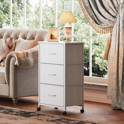 WLIVE Dresser with 3 Drawers, Fabric Nightstand, Cabinet with Wheels, Organizer Storage Dresser for Bedroom, Office, Entryway, Closets, Sturdy Steel Frame, Wood Top, Easy Pull Handle, White