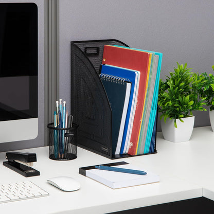 Mind Reader Vertical File Organizers, Desktop File Holders for Folders, Magazines, and Paperwork, Workspace Organizer, Metal Mesh, Set of 2, Black