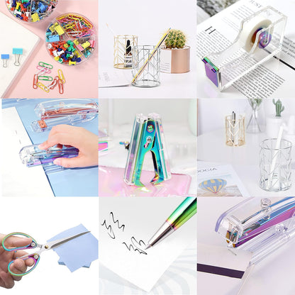 Famassi Rose Gold Desk Accessories，Office Supplies Set Acrylic Stapler Set Staple Remover, Tape Holder, 2 Ballpoint Pen, Scissor, Binder/Paper Clips and 1000pcs Staples.