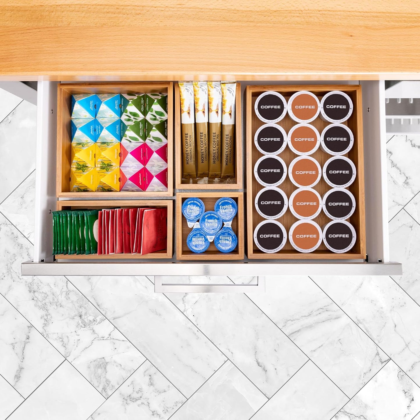 Seville Classics Bamboo Premium Organizer Storage Bins for Kitchen Silverware, Pantry, Closet, Office Desk, Pens, Utensils, Makeup, K Cup, Bamboo, Bag Holder Bin Set (4 Piece)