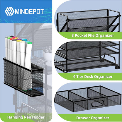 MINDEPOT 4-Tier Paper Organizer + 3-Pocket File Holder + Drawer + Pen Holders, Desktop File Organizers Paper Tray for Office Accessories School Classroom Organization (Black)