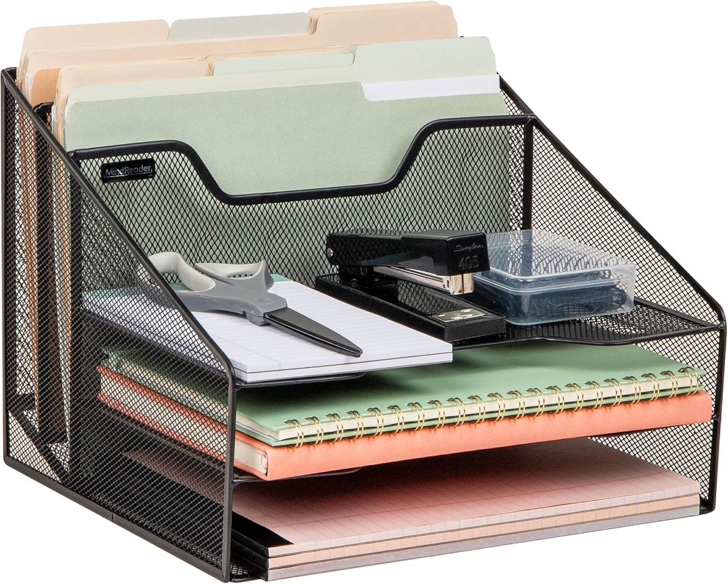 Mind Reader Metal Mesh Desktop File Organizer, 3-Tier Paper Tray with 5 Compartments, Office Mail Sorter, White
