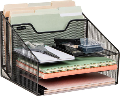Mind Reader Metal Mesh Desktop File Organizer, 3-Tier Paper Tray with 5 Compartments, Office Mail Sorter, White