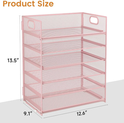 Subekyu 6 Tier Office File Paper Desk Tray Organizer with Handle, Stackable Slide Mesh Letter Tray Folder Blue Desk Organizer, Desktop Document Sorter for Classroom, Office, Home Supplies Storage