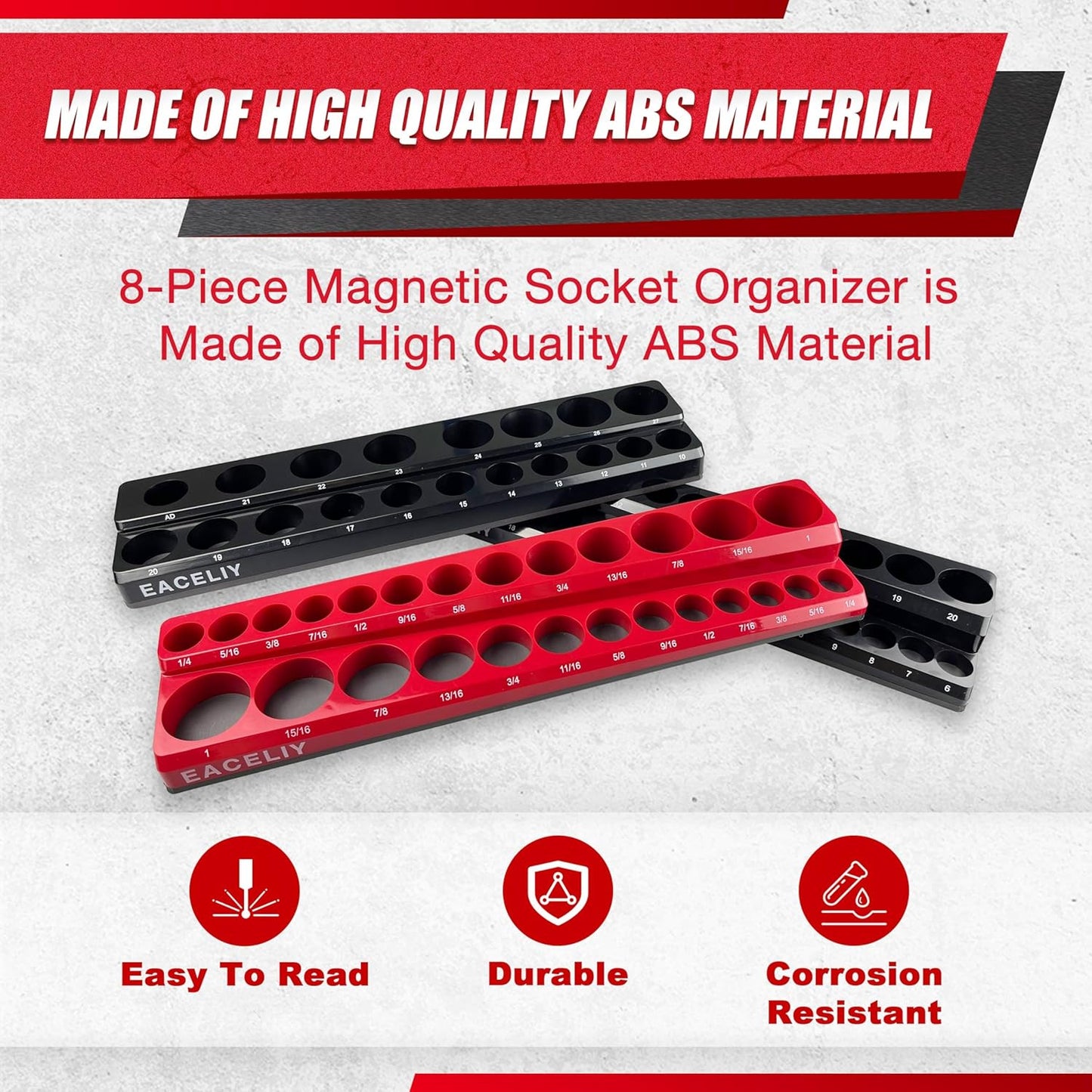 EACELIY 6-Piece Magnetic Socket Organizer Set, 1/2", 1/4" and 3/8" SAE & Metric Deep & Shallow Socket Holder Kit, holds 141 stanard Sockets, attaches to steel box/tool cart (sockets not included)