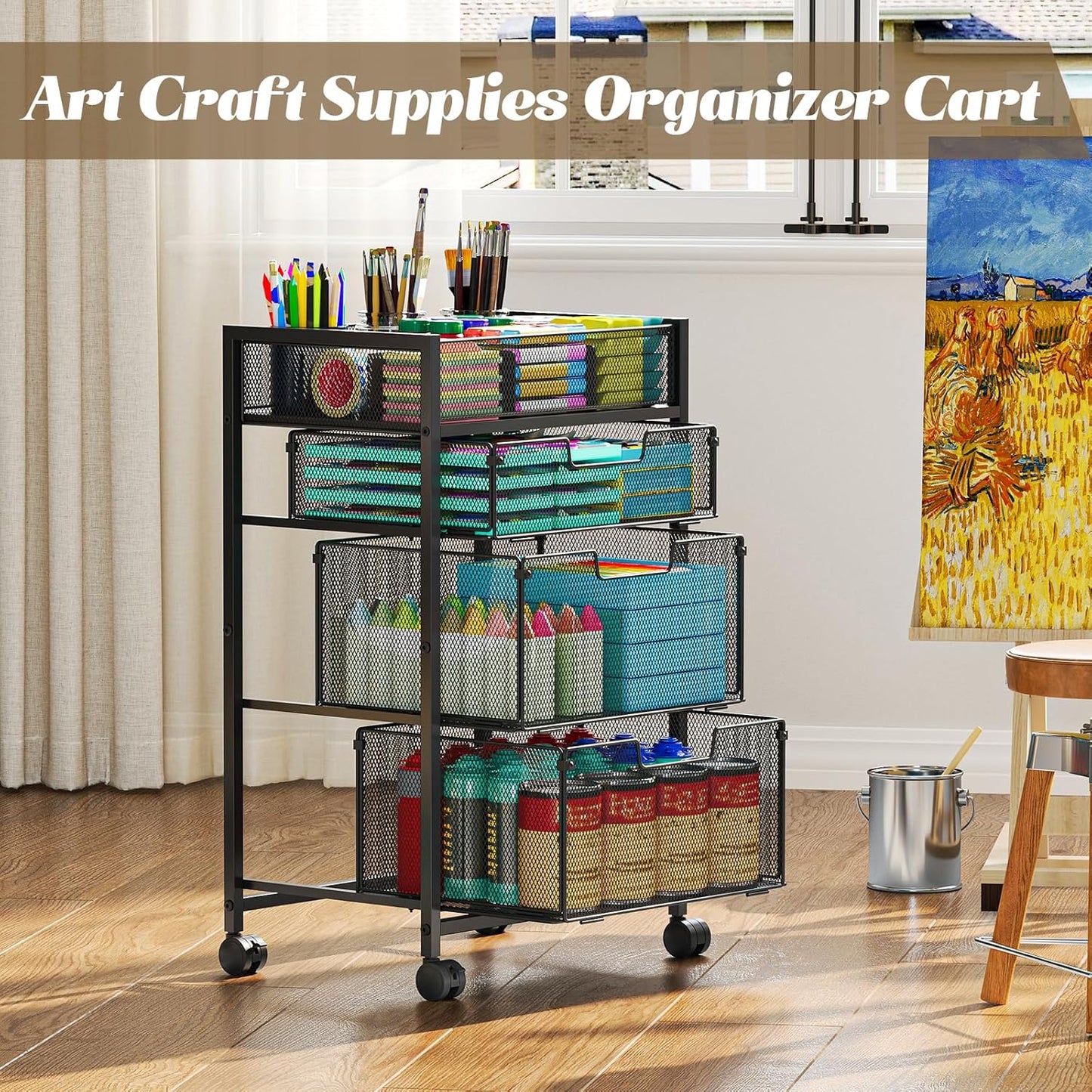 Rolling Utility Cart with 3 Drawers, Craft Organizer and Storage with DIY Divider, Lockable Wheels, Multi-Functional Storage for Art Supplies, Store for Brushes & Paints & Small Parts(Patent Pending)