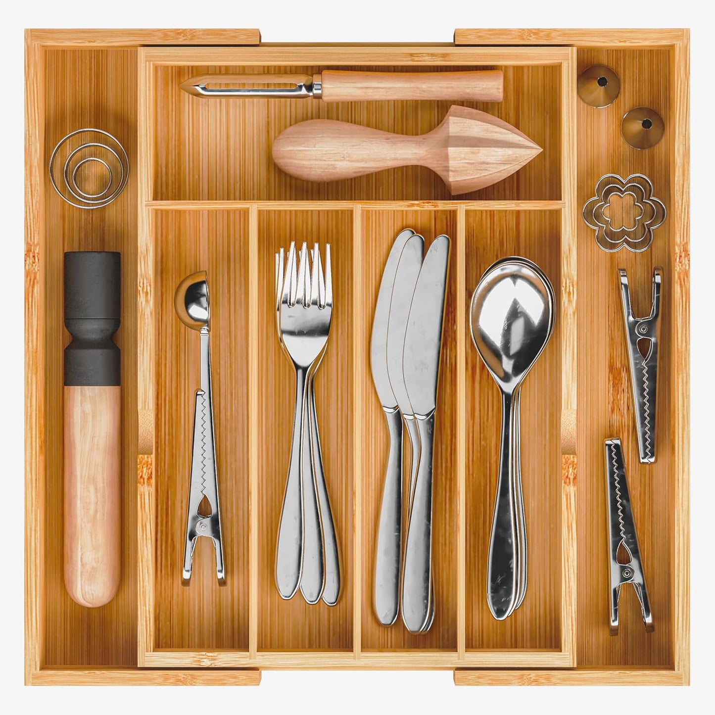 BAMEOS drawer organizer flatware organizer cutlery tray silverware organizer expandable adjustable bamboo drawer organizer kitchen bathroom