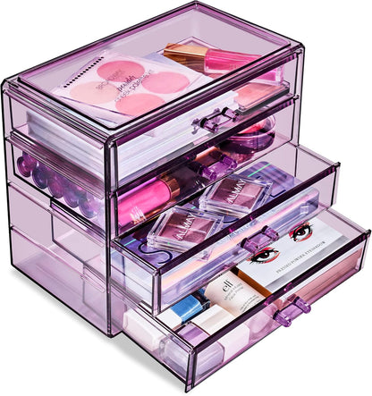 Sorbus Acrylic Makeup Organizer Set, 4-Drawer Vanity & Countertop Cosmetic Storage with Wide Drawers, Clear Makeup Storage for Brushes, Lipsticks, Jewelry – Holiday Gift for Women & Teens