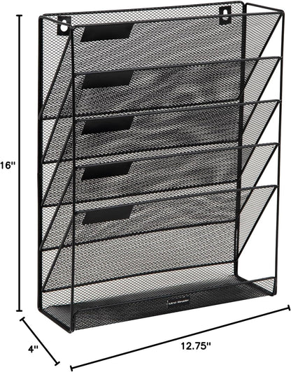 Mind Reader 5-Pocket Vertical File Storage, Desktop Organizer, Wall Mount, Office, Metal Mesh, Pink