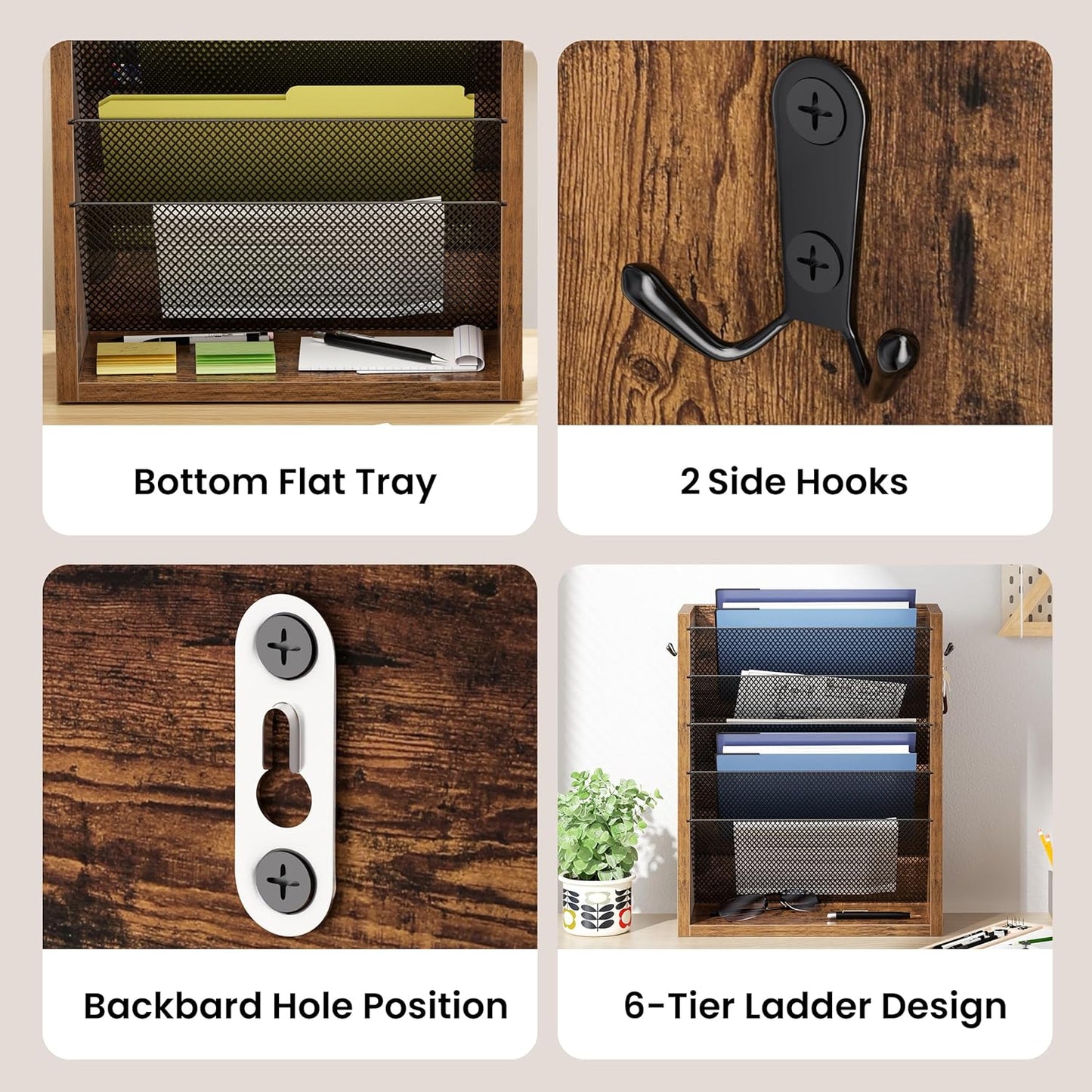 Creso hom Mail Organizer Wall Mounted, 6-Tier Wall File Organizer with 2 Hooks, Wooden Desk Organizer Magazine Holder with Bottom Flat Tray, for Office Home, Rustic Brown