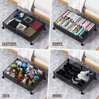 PHINOX Under Bed Storage Containers with Wheels, Under Bed Shoe Storage Organizer Drawer, Tool-free Assembly Metal Storage Containers for Bedroom Clothes Shoes Blankets -2PCK