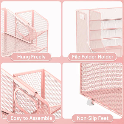 SUPEASY Desk Organizer with File Holder, 5-Tier Mesh Paper Letter Tray and 3 Tilted File Sorter for Office Supplies, Black