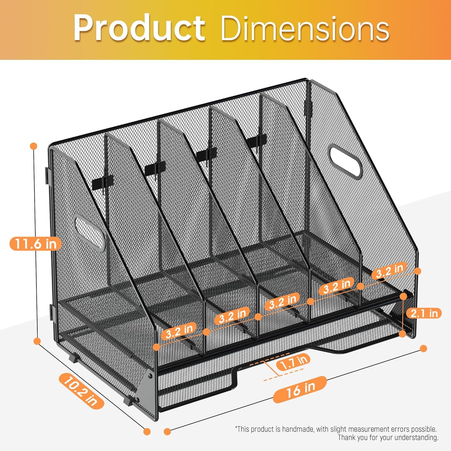 Docnest Desk File Holder Sorter, 4 Vertical Compartments Rack with Letter Tray, Mesh Magazine File Holder with Handle,Workspace Organizers,Desk Organizers for Paper, Mail, Documents-Black