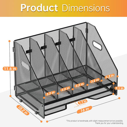 Docnest Desk File Holder Sorter, 4 Vertical Compartments Rack with Letter Tray, Mesh Magazine File Holder with Handle,Workspace Organizers,Desk Organizers for Paper, Mail, Documents-Black
