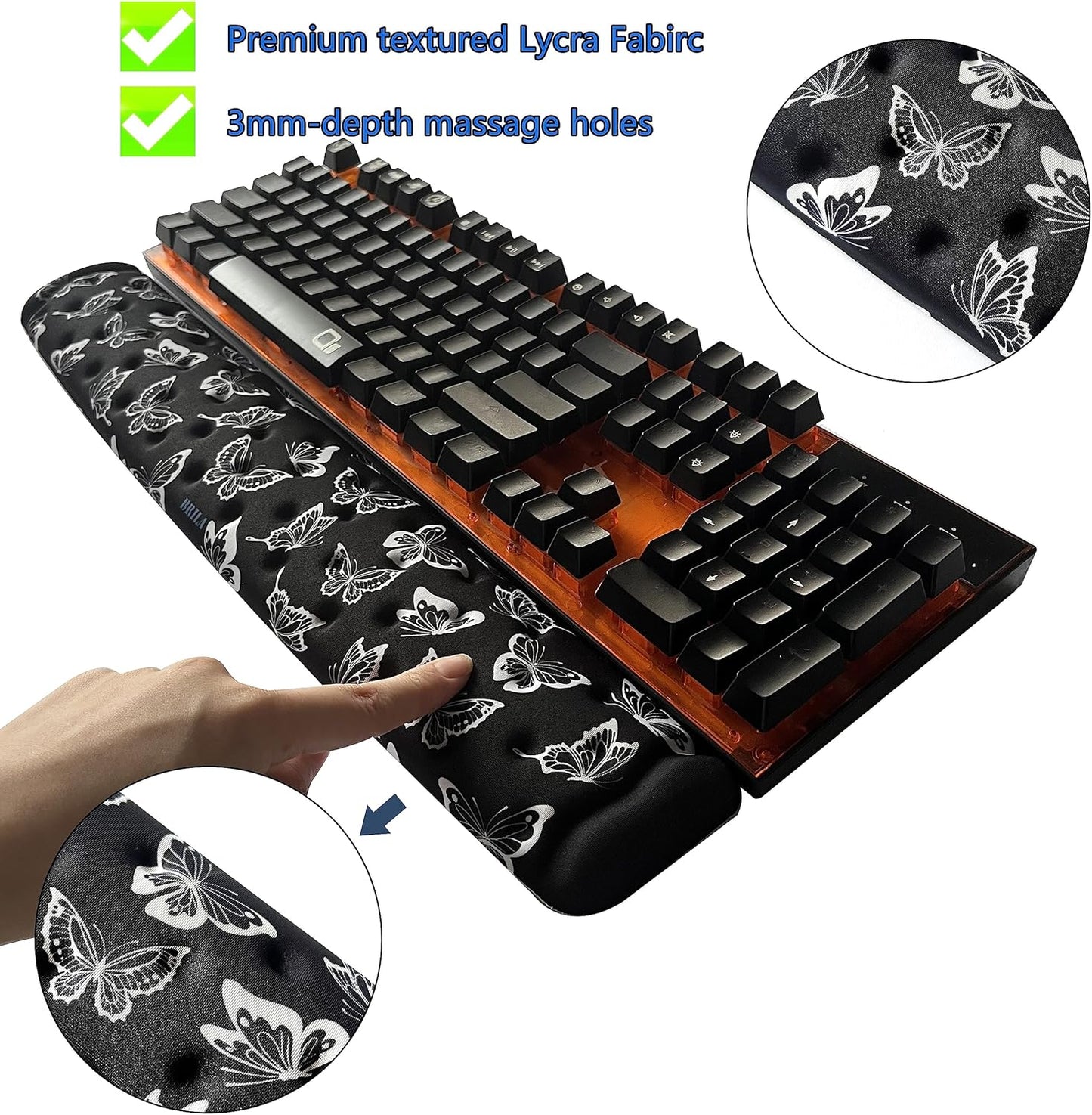 BRILA Keyboard Wrist Rest Support Cushion Pad for Computer, Laptop, Office Work, PC Gaming - Memory Foam Gel with Massage Holes Design - Non-Slip Easy Typing Wrist Pain Relief (Black Keyboard Pad)