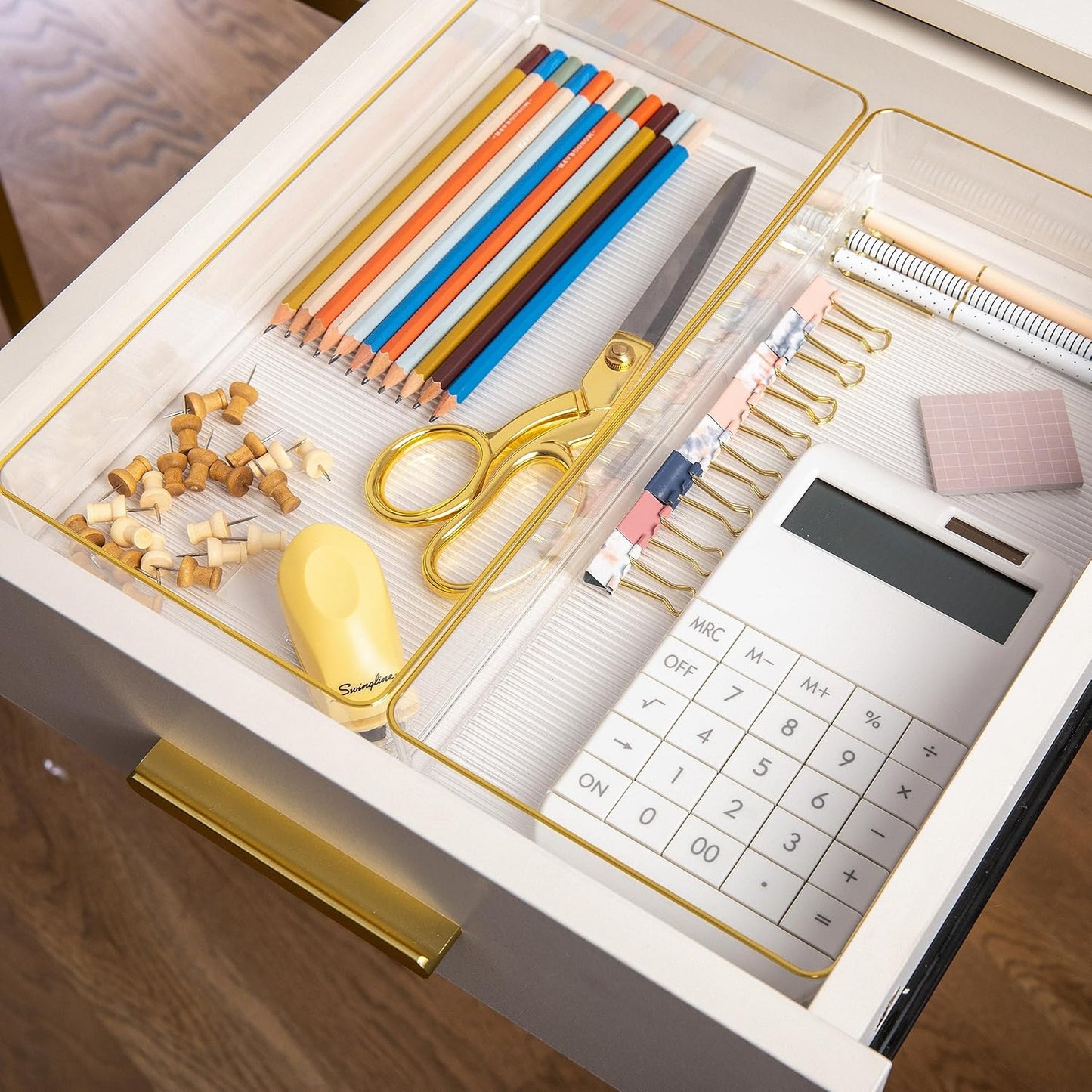 Martha Stewart Kerry Plastic Stackable Office Desk Drawer Organizers, 6" x 3", 6 Pack, with Gold Trim