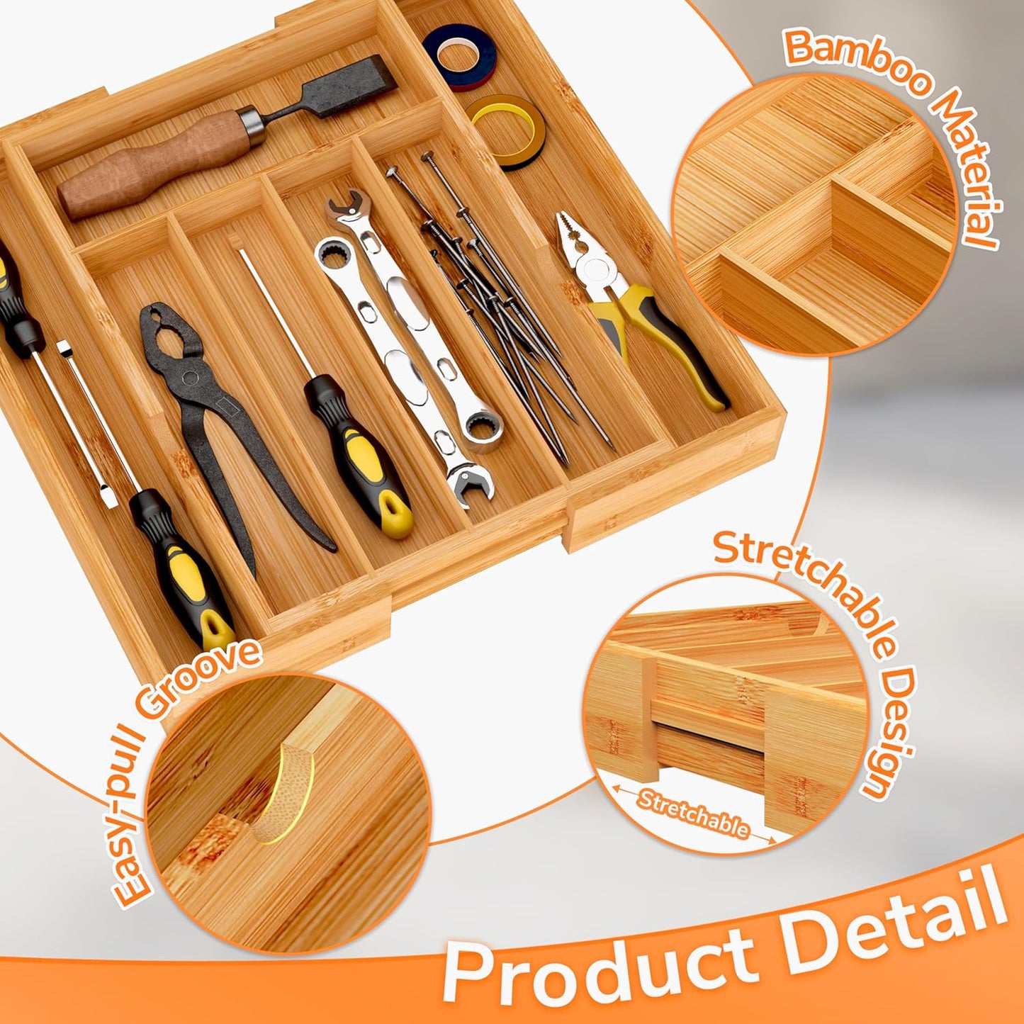 BAMEOS drawer organizer flatware organizer cutlery tray silverware organizer expandable adjustable bamboo drawer organizer kitchen bathroom