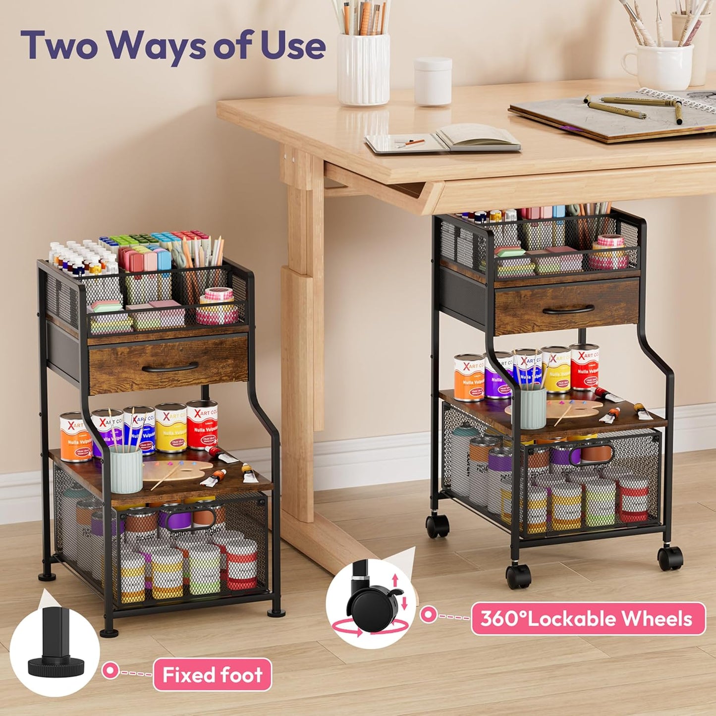 SWTYMIKI Rolling Under Desk Storage - Storage Cart with Drawers & DIY Divider - Art Cart Organizer on Wheels - Craft Rolling Utility Cart for Office, Craft Room & Studio Espresso