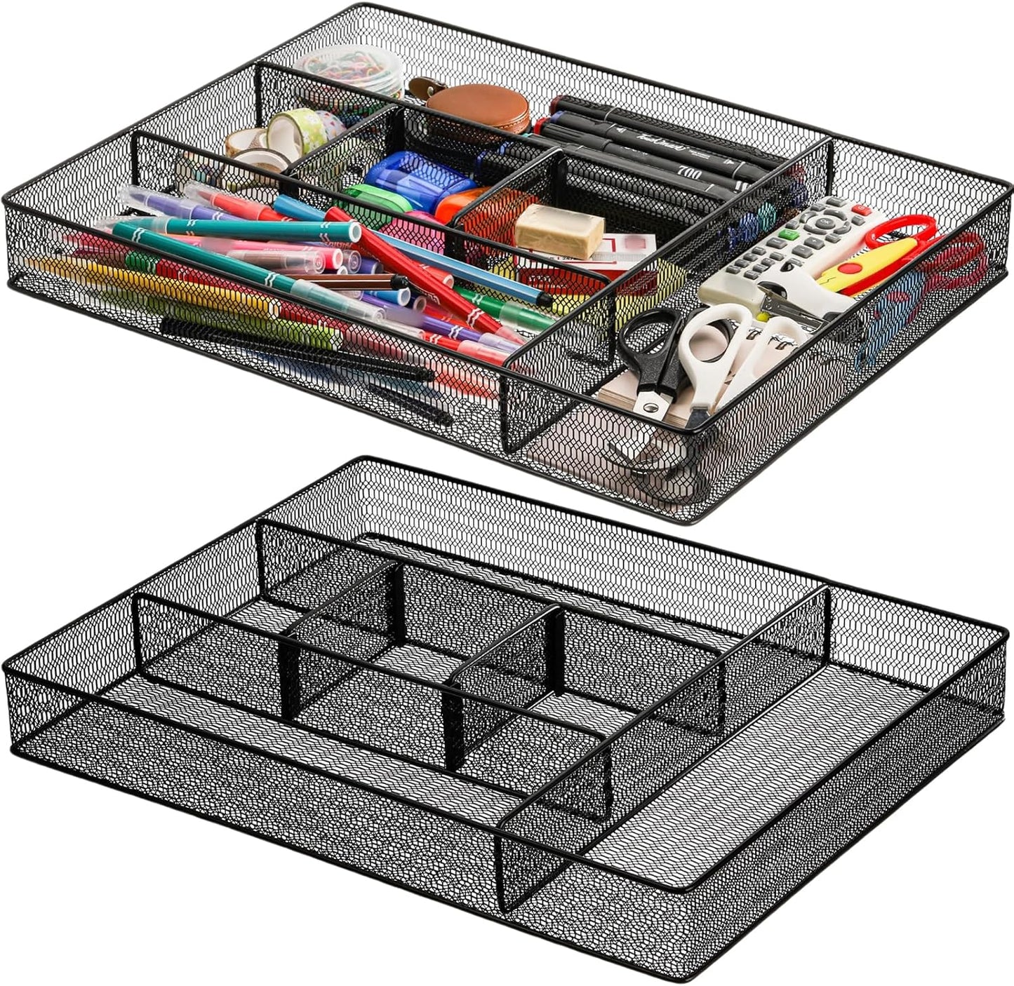Hiceeden 2 Pack Mesh Desk Drawer Organizer, 16.1"x12.2"x2" Large Desk Organizer Tray with 2 Removable Dividers, 6 Compartment Metal Organizers for Home, Office, Makeup & Vanity
