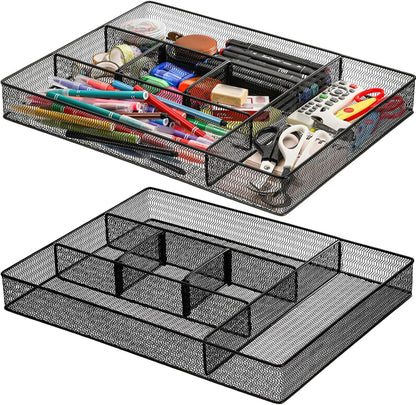 Hiceeden 2 Pack Mesh Desk Drawer Organizer, 16.1"x12.2"x2" Large Desk Organizer Tray with 2 Removable Dividers, 6 Compartment Metal Organizers for Home, Office, Makeup & Vanity