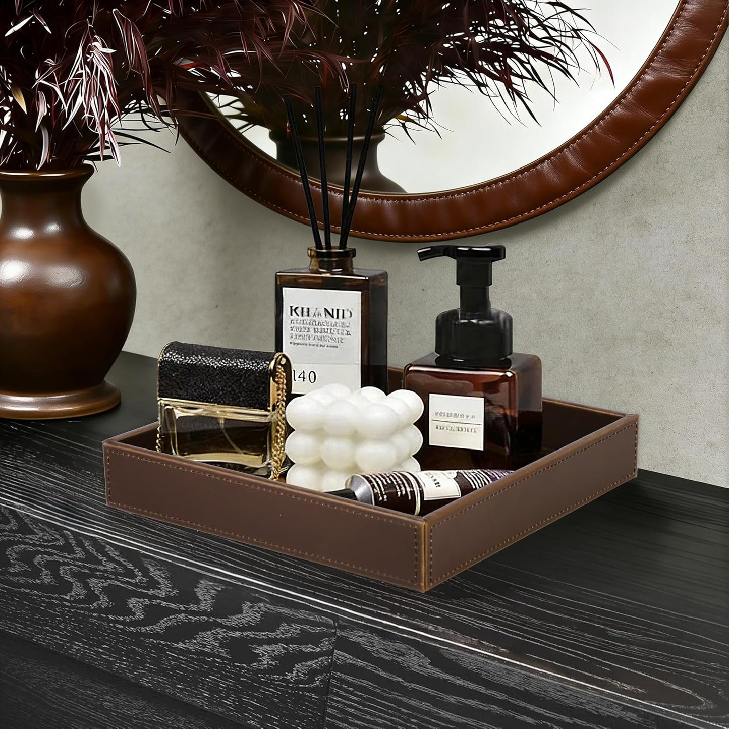 HofferRuffer Faux Leather Vanity Tray, Elegant Desktop Storage Organizer, Decorative Catchall for Perfume, Bathroom Valet, Nightstand or Dresser, Black, 10.2 x 8.4 x 1.8 Inches