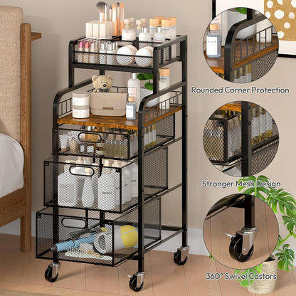 SWTYMIKI Rolling Cart with Drawers - Metal Utility Cart with Wood Shelf, DIY Divider and Locking Wheels, Craft & Art Cart Organizer for Under Desk Storage for Home Office Studio, Espresso