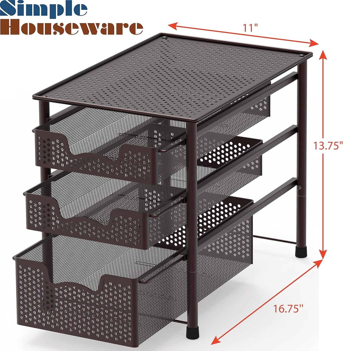 Simple Houseware Stackable 3 Tier Sliding Basket Organizer Drawer, Silver