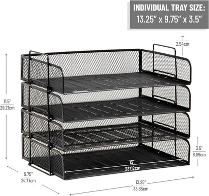 Mind Reader Stackable Paper Tray, Desktop Organizer, File Storage, Office, Metal Mesh, 4 Pcs., Black