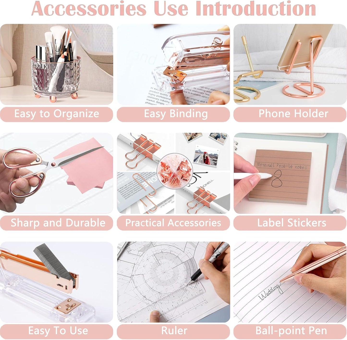 Gold Desk Accessories, Office Desk Organizers and Accessories 360°Pen Holder Acrylic Stapler Set, Phone Holder, Ballpoint Pen, Scissor, Binder Clips, Ruler, Transparent Glue, Sticky Note and Staples.