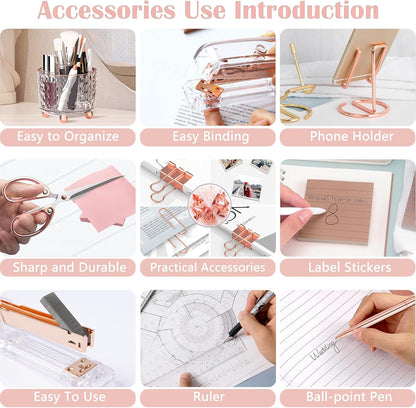 Gold Desk Accessories, Office Desk Organizers and Accessories 360°Pen Holder Acrylic Stapler Set, Phone Holder, Ballpoint Pen, Scissor, Binder Clips, Ruler, Transparent Glue, Sticky Note and Staples.
