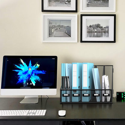 SUPEASY Desk Organizers Metal Desk Magazine File Holder with 5 Vertical Compartments Rack File Organizer for Office Desktop, Classroom, Home Workspace, Black