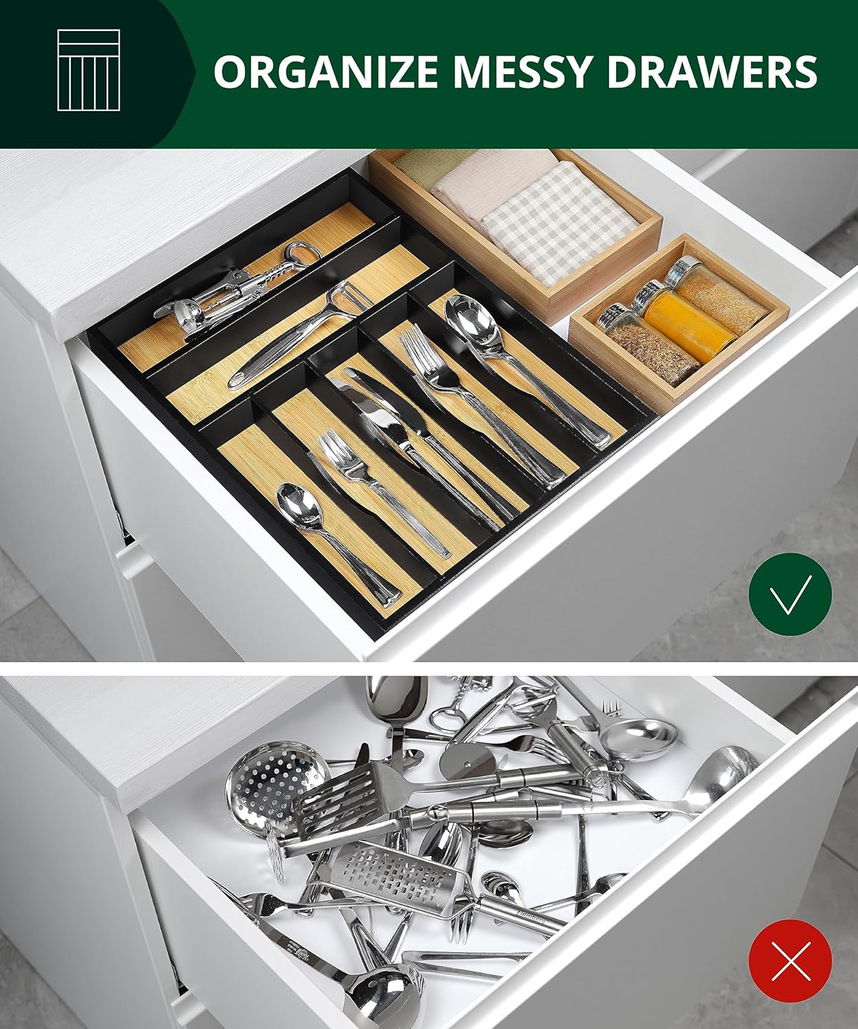 ROYAL CRAFT WOOD Luxury Bamboo Kitchen Drawer Organizer - Silverware Organizer, Utensil Holder & Cutlery Tray Drawer Dividers for Flatware (9 Slot, Natural)