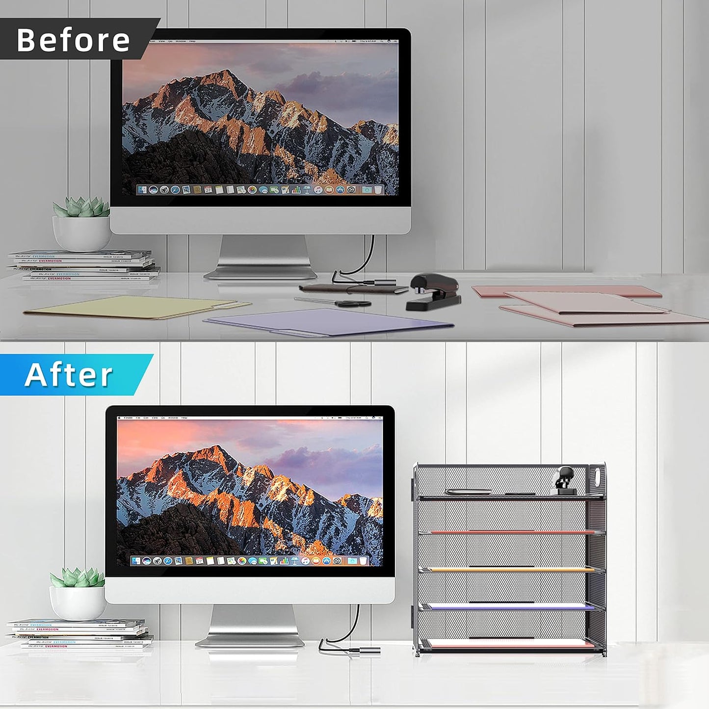 Supeasy 5 Trays Paper Organizer Letter Tray with Handle-Mesh Desk File Holders, Paper Sorter Desk Organizer for Office, Home, Classroom or School, White