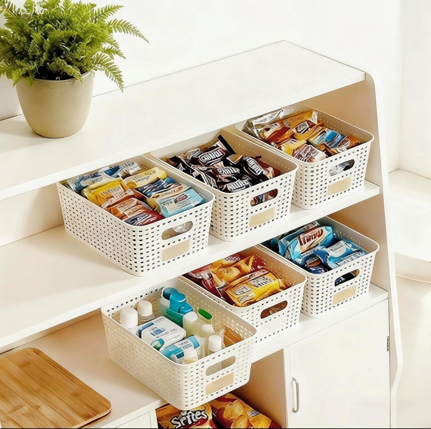 6Pcs Storage Bins with Lids, Stackable Plastic Storage Basket with Bamboo Lid, Pantry Organizer Box Small Containers for Organizing Shelves Drawer Desktop Closet Cabinet Office Classroom 10x7.1x4.1in
