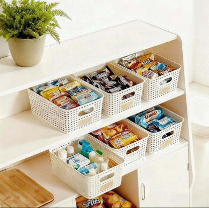 6Pcs Storage Bins with Lids, Stackable Plastic Storage Basket with Bamboo Lid, Pantry Organizer Box Small Containers for Organizing Shelves Drawer Desktop Closet Cabinet Office Classroom 10x7.1x4.1in