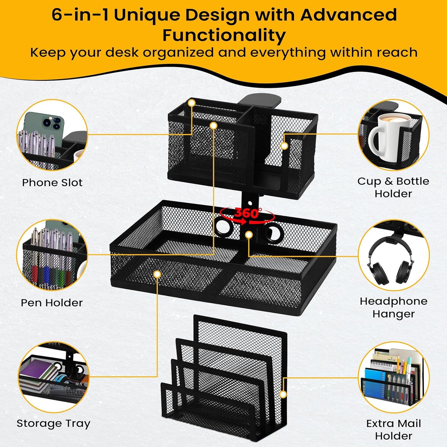 6-in-1 Clamp On Desk Organizer with Cup Holder & 360° Rotating Under Desk Drawer, Swappable Parts, Easy to Install Standing Desk Drawer Attachment, Space-Saving for Home & Office